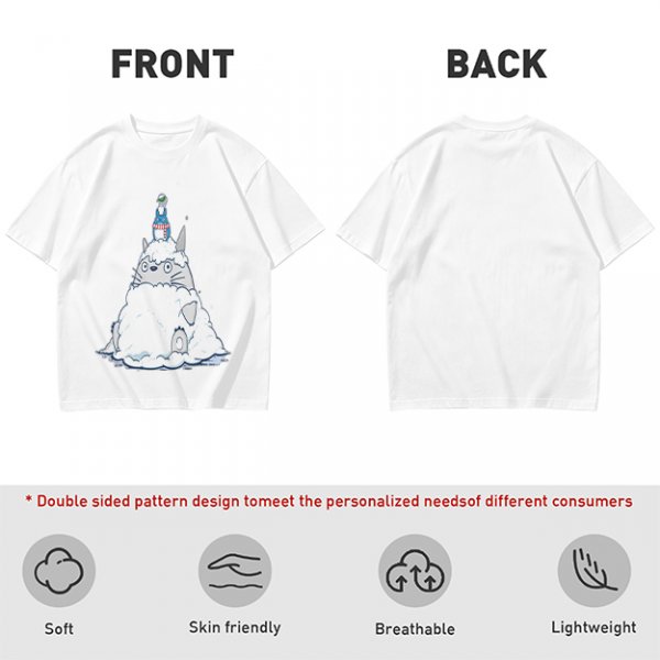 Olive T-shirt with Totoro in Snow and Small Blue Creature Print
