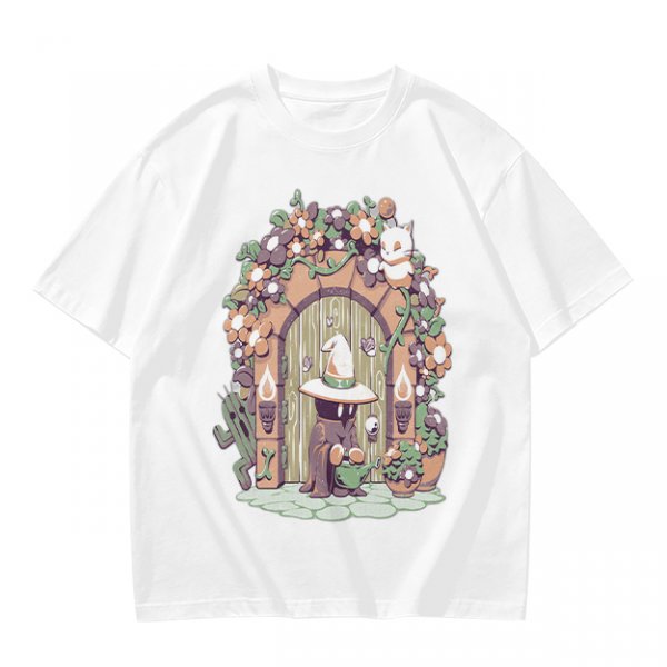Olive T-Shirt With Whimsical Wizard Cat Garden Door Art