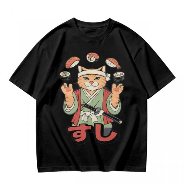 Olive T-Shirt With Cat Sushi Chef Juggling Sushi Print
