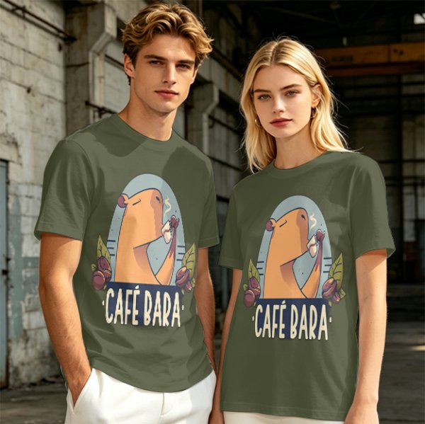 Olive t-shirt with capybara drinking coffee graphic
