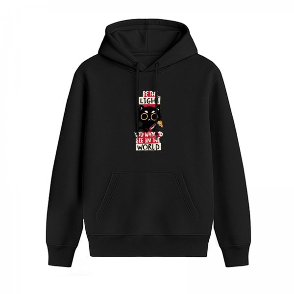 Black hoodie with 'Be the light you want to see' cat graphic print