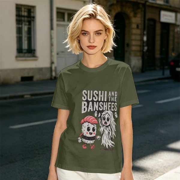Olive t-shirt with sushi and banshee graphic print