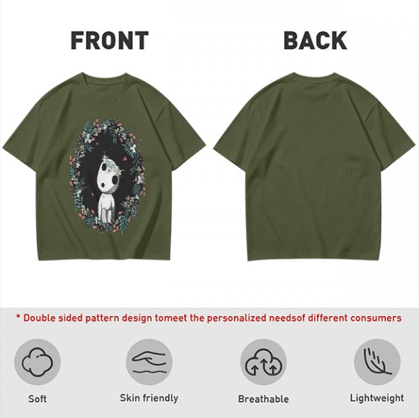 Olive T-Shirt with Kodama Forest Spirit Floral Wreath Print