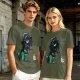 Olive T-shirt with cartoon dinosaur in Darth Vader helmet and chicken print