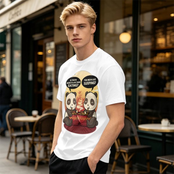 Olive t-shirt with pandas debating life beyond eating and sleeping