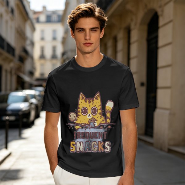 Olive T-Shirt With Cat Eating Snacks Frequent Snacks Print