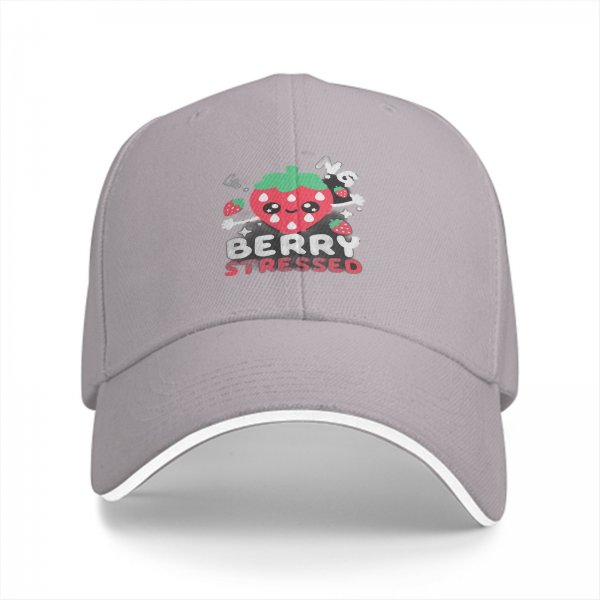 Black baseball cap with 'Berry Stressed' crying strawberry graphic