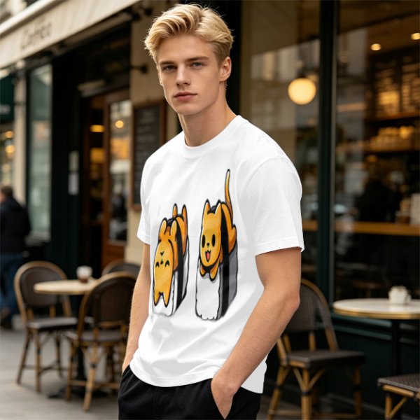 Olive T-shirt with cute sushi cat graphic print