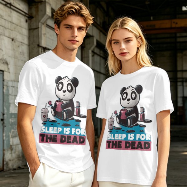 Olive t-shirt with panda drinking coffee and 'Sleep is for the dead' text