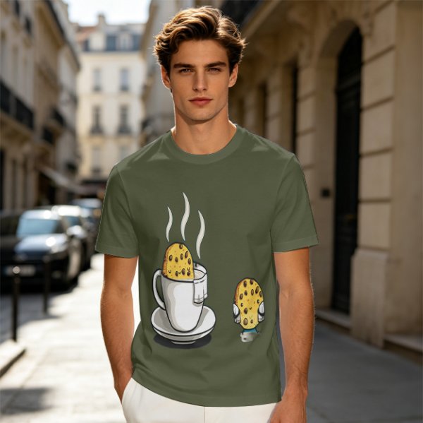 Olive T-Shirt With Funny Cookie In Coffee Cup Print