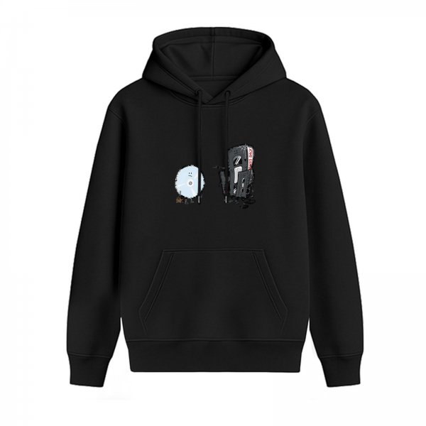 Black Hoodie with Retro CD and Cassette Tape Graphic