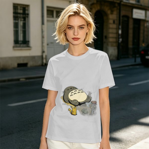 Olive T-shirt with Sleeping Totoro and Crossover Anime Characters Print