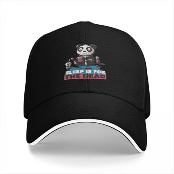 Black baseball cap with panda graphic and 'Sleep is for the dead' text
