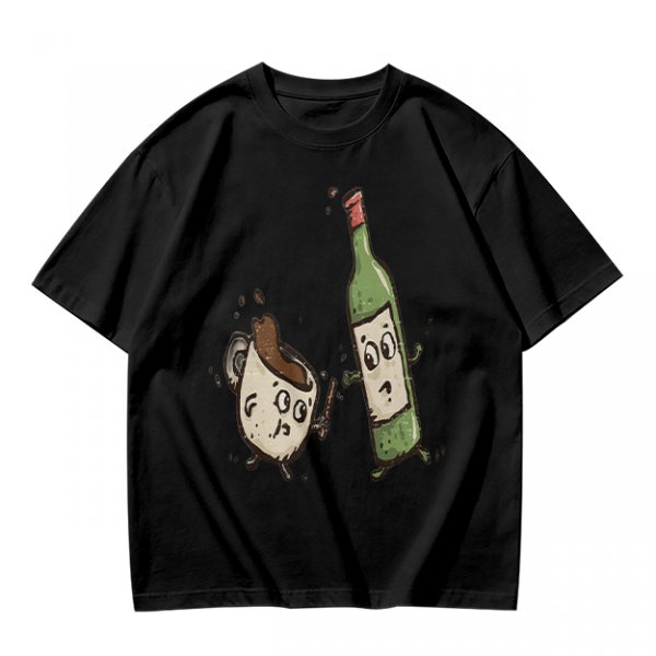 Olive T-Shirt With Cartoon Coffee Mug And Wine Bottle Print