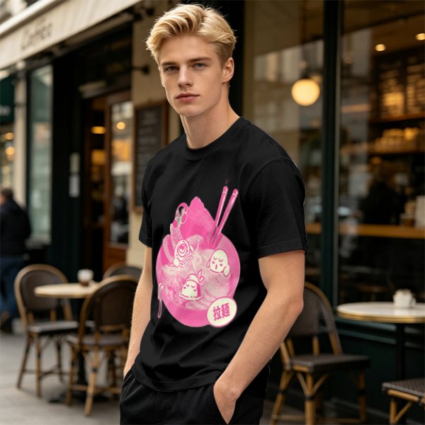 Oversized dark green t-shirt with cute pink ramen bowl graphic
