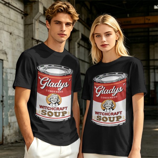 Olive T-Shirt With Gladys' Witchcraft Soup Can Graphic