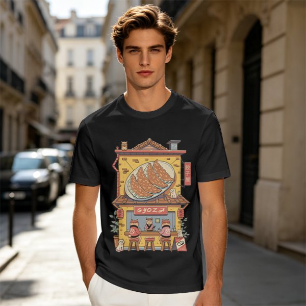 Olive T-Shirt With Cat Gyoza Restaurant Illustration