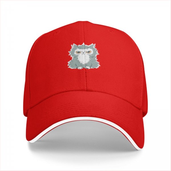 Black Baseball Cap With Grumpy Fluffy Grey Cat Graphic