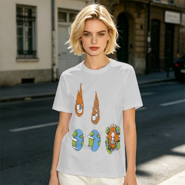 Olive Graphic Tee With Falling Cat Comets And Earth Artwork