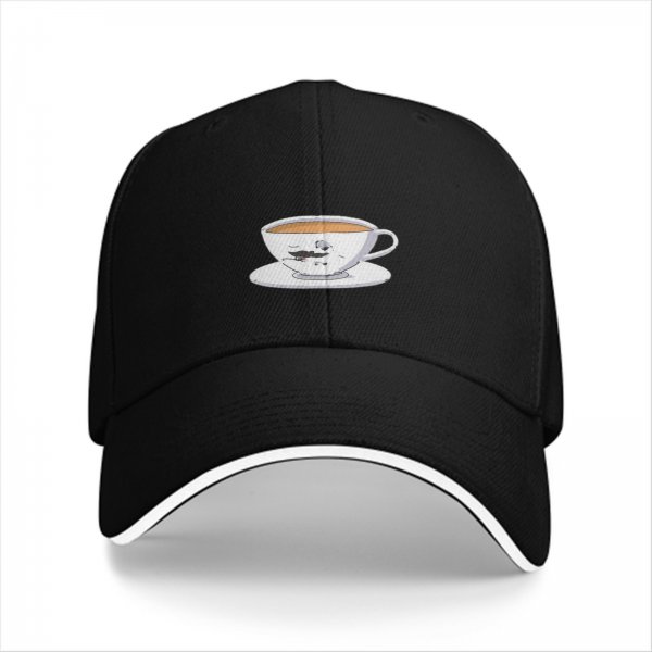 Black Baseball Cap with Teacup and Saucer Graphic Print