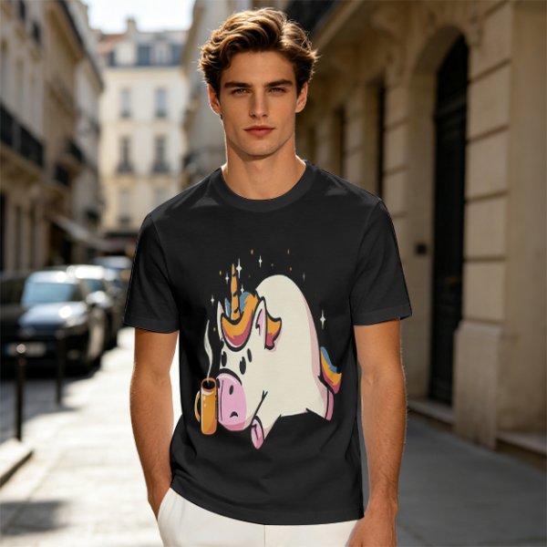 Olive T-Shirt With Tired Unicorn Holding Hot Coffee Print