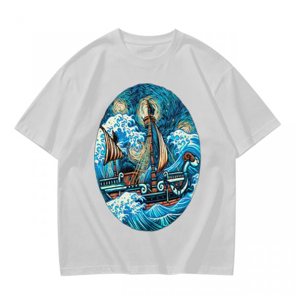 Olive T-Shirt With Starry Night Style Sailing Ship Ocean Art