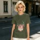 Olive graphic t-shirt with funny cat and 'keeps the a-sad away' text