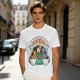 Olive green t-shirt with cat coffee cup graphic and playful text design