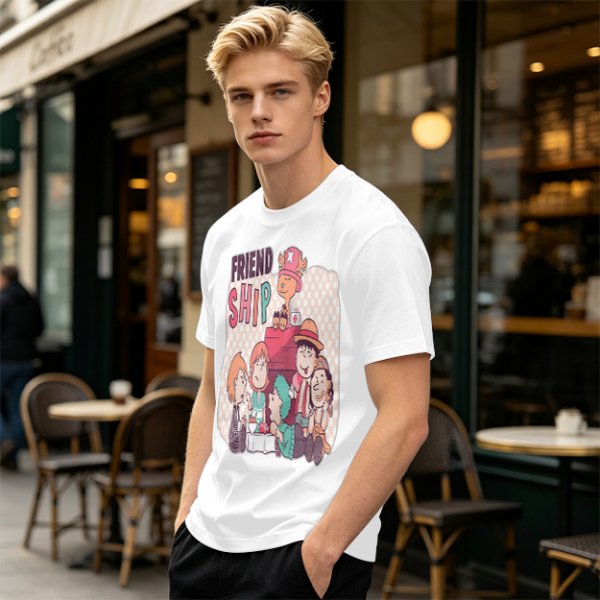 Olive T-Shirt with Friendship Themed Cartoon Crew Print