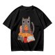 Olive T-Shirt With Cozy Cat Eating Pizza And Gaming Print