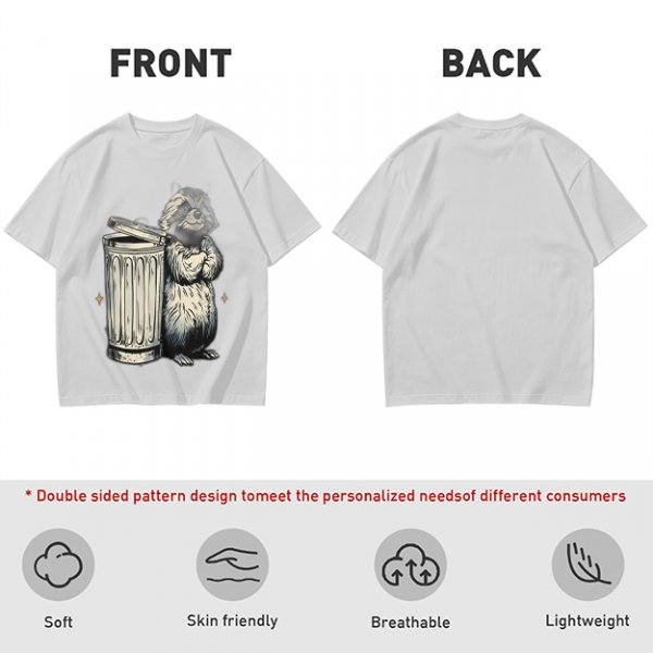 Olive Green T-Shirt With Raccoon Standing Next To Trash Can Graphic
