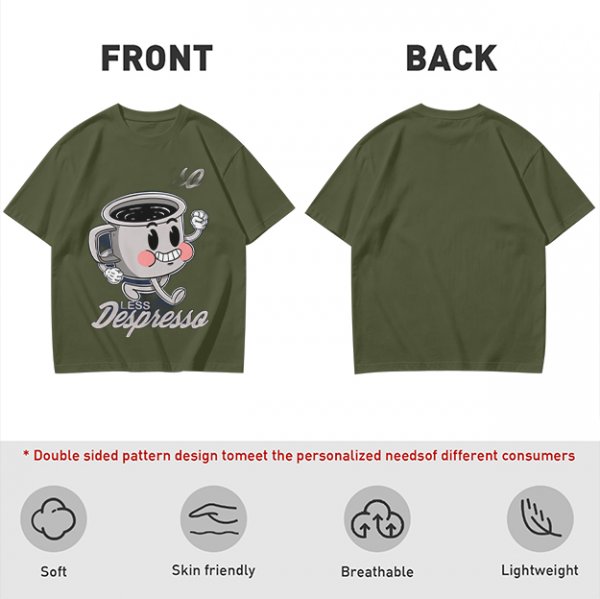 Olive green t-shirt with running espresso cup graphic and 'Less Despresso' text