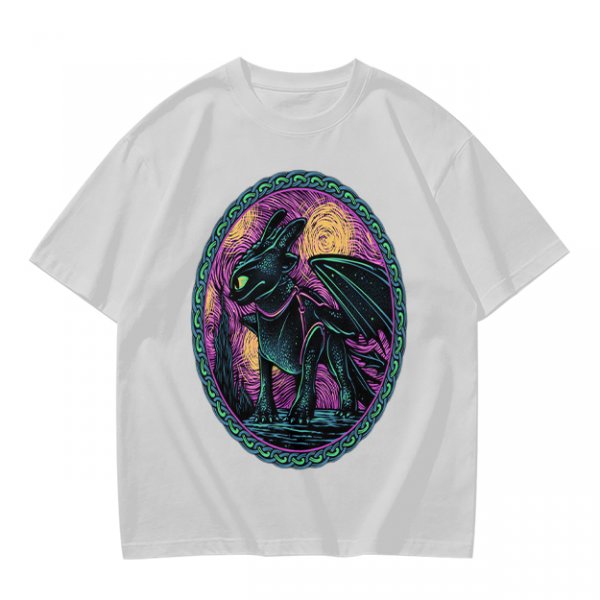 Olive T-Shirt Featuring Stylized Night Dragon In Swirling Oval Art