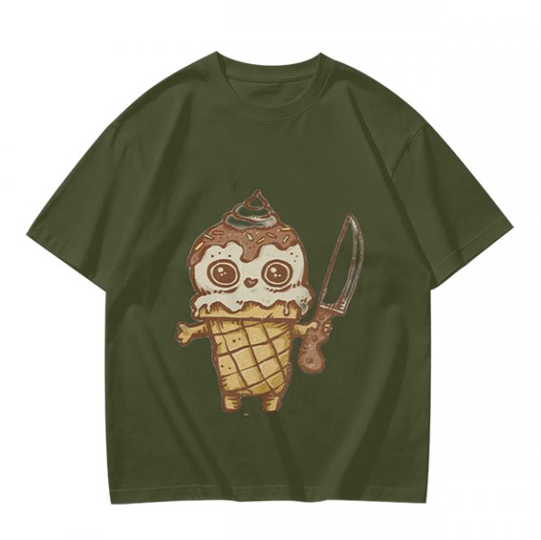 Olive T-Shirt With Cute Ice Cream Cone Holding Knife Print