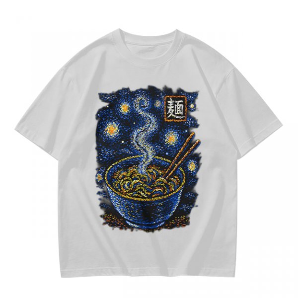 Olive t-shirt with starry night ramen bowl graphic