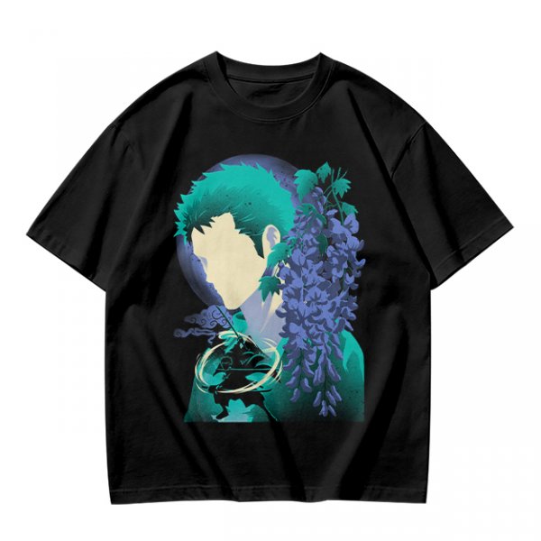 Anime Character Silhouette Wisteria Floral Graphic Olive T-Shirt