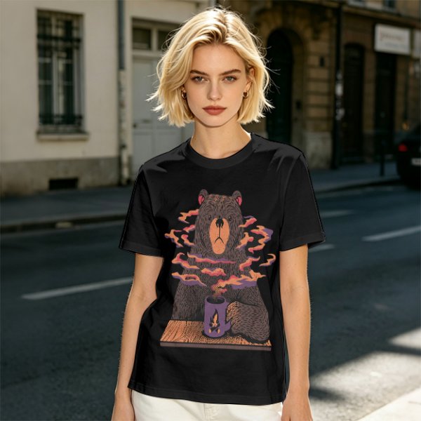 Olive T-Shirt With A Bear Holding A Campfire Mug Design