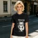 Olive graphic t-shirt with angry cartoon cat holding knife