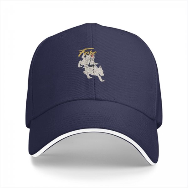 Black baseball cap with running dog graphic and gold text