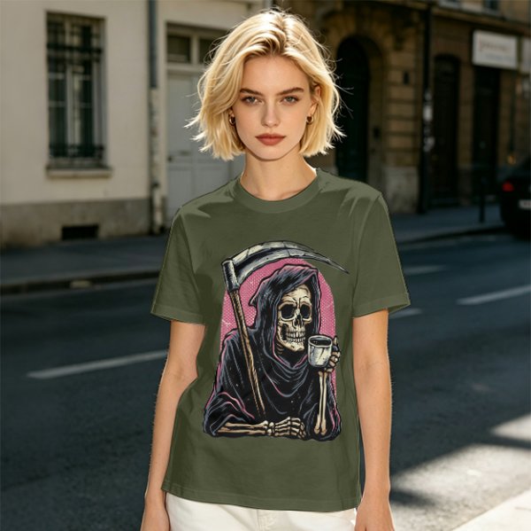 Olive T-Shirt Featuring Grim Reaper Holding Coffee and Scythe