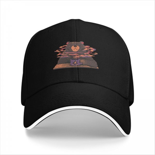 Black baseball cap with a bear holding a steaming coffee mug print
