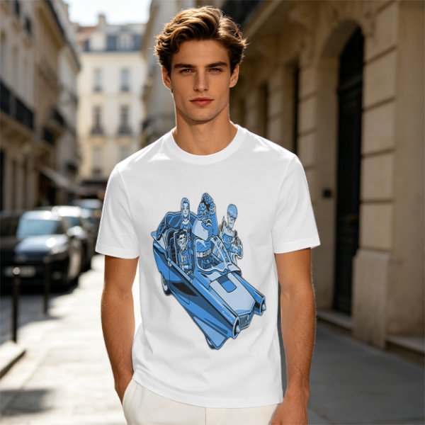 Olive T-shirt with retro blue cartoon car and characters graphic