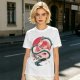 Olive T-shirt with stylized white dragon and red circular graphic print