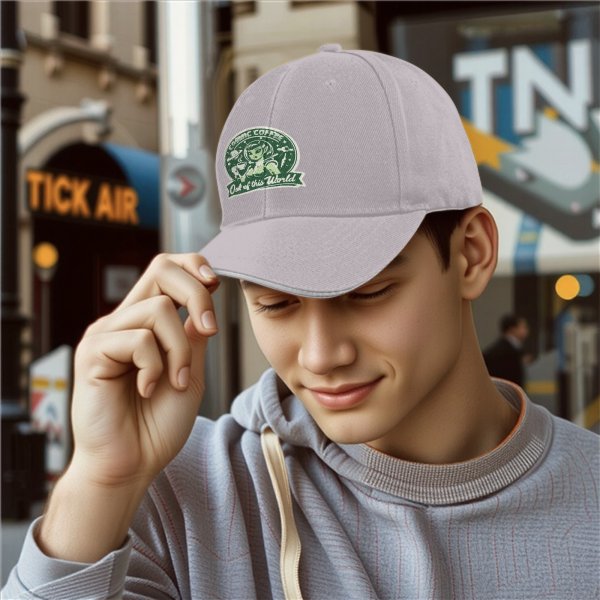 Black baseball cap with cosmic coffee alien girl graphic