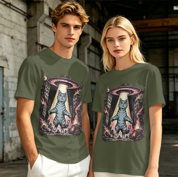 Olive T-Shirt with UFO Abducting Cat Over Burning City