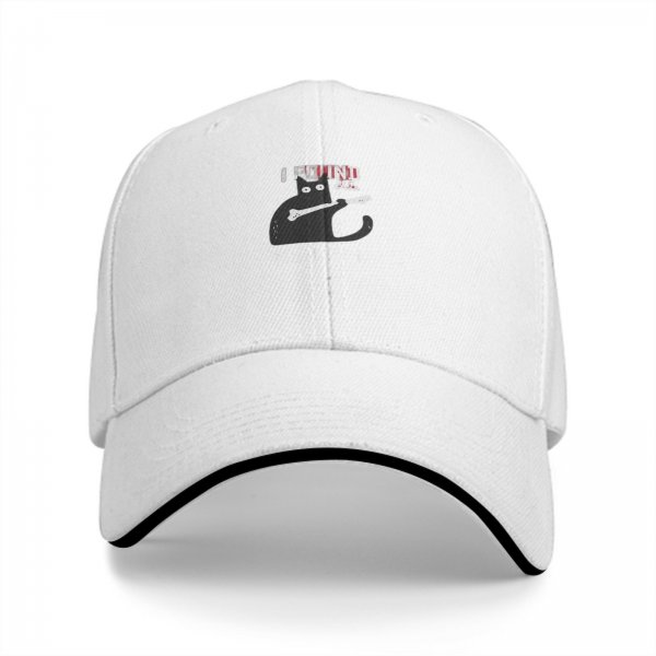 Black baseball cap with a cat holding a bone graphic and text