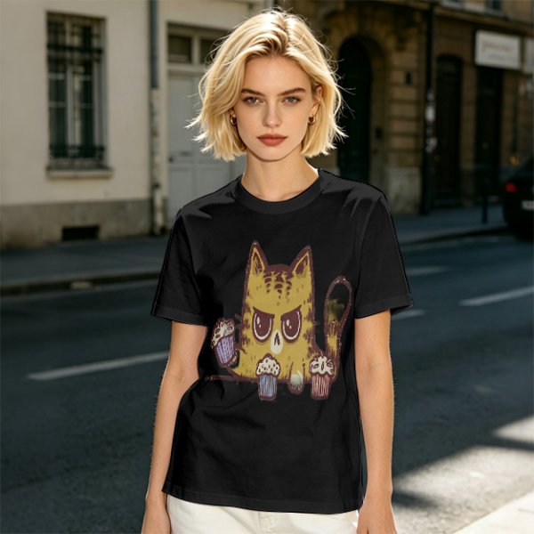 Olive T-Shirt With Angry Cat Holding Cupcakes Graphic Print