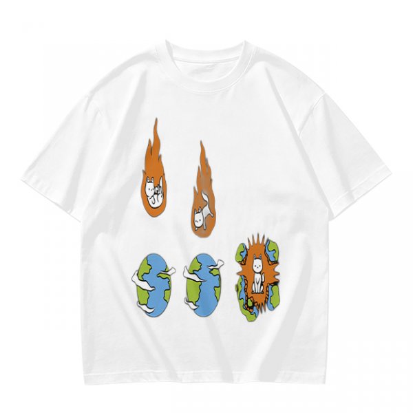 Olive Graphic Tee With Falling Cat Comets And Earth Artwork