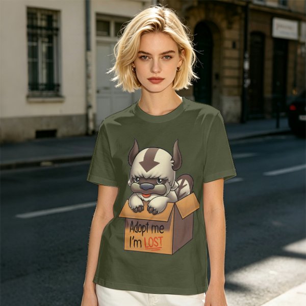 Olive t-shirt with Appa in a box that says Adopt me I'm Lost