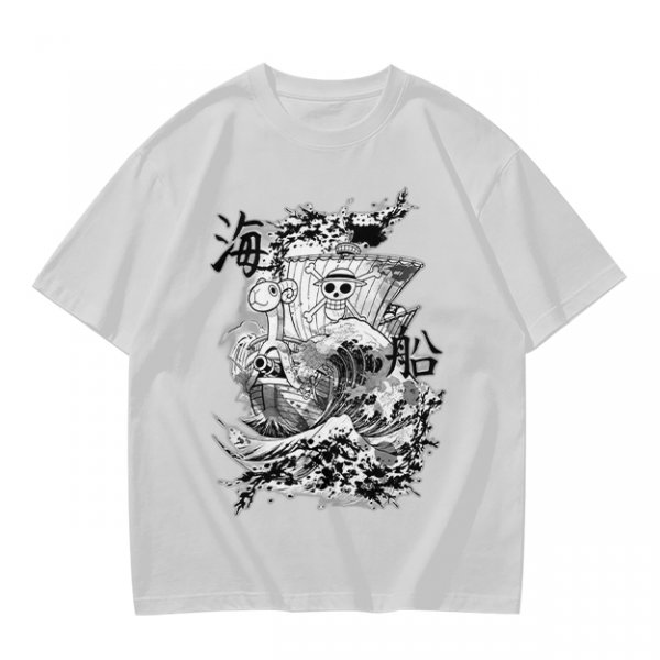 Olive T-shirt with One Piece Going Merry Ship Ink Art Print